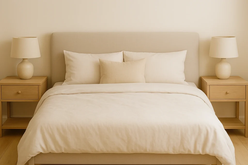Melhor Colchão King Size de 2026: Guia Completo de Compra Este quarto minimalista destaca o melhor colchão king size estofado em bege, com roupa de cama clara, dois criados-mudos de madeira clara e abajures, tudo sobre um fundo neutro que transmite aconchego e sofisticação silenciosa.
