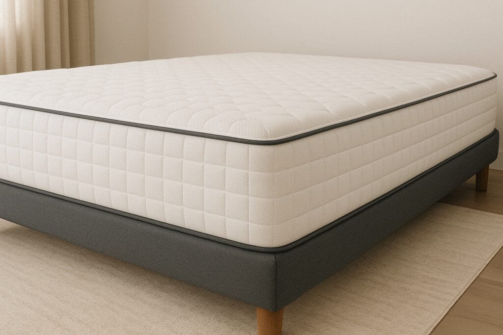 Colchão de casal moderno em quarto minimalista, representando conforto e qualidade para quem busca os melhores colchões de casal.