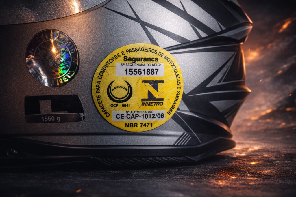 Capacetes aprovados pelo Inmetro com selo de certificação visível, destacando segurança e conformidade com as normas brasileiras.