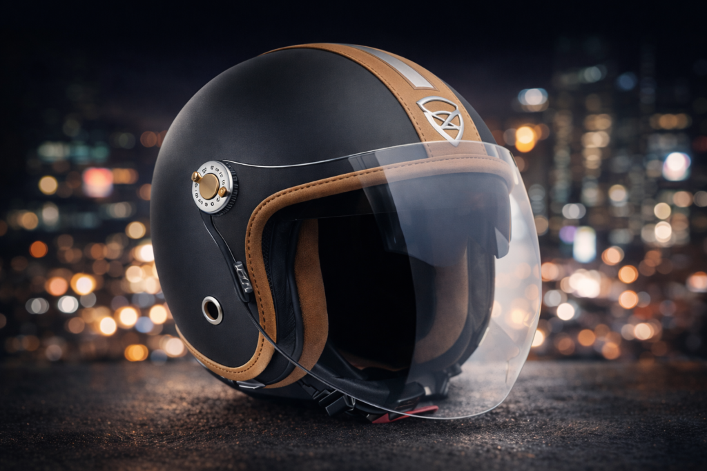 Melhor capacete para scooter apoiado no chão, destacando conforto, proteção e design urbano.