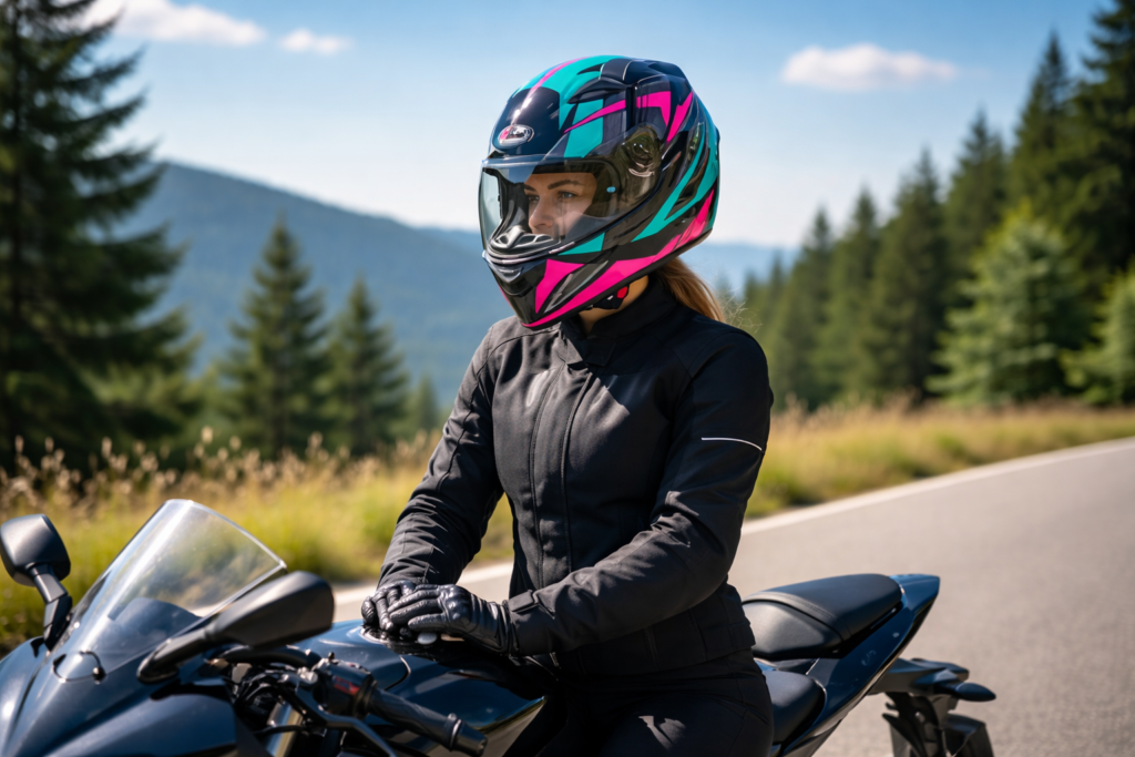 Melhor Capacete Feminino: TOP 10 Marcas e Modelos de 2026 Melhor capacete feminino sendo utilizado por motociclista em estrada, destacando conforto, segurança e design moderno.