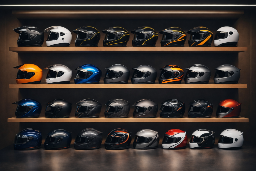 Melhores marcas de capacete expostas em prateleiras, destacando variedade de modelos, estilos e níveis de proteção.